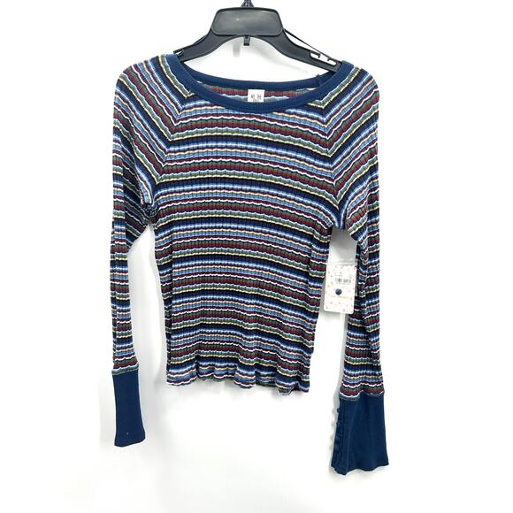 Free People Donna Tee Button Cuff Retro Top Navy - Picture 6 of 9